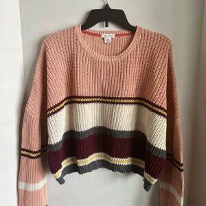 Clover + Scout Peach Maroon and Gray striped sweater. Size XL Juniors 19.5" L 25